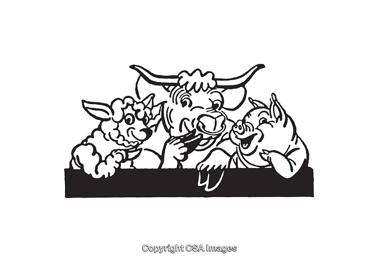 Line Art Illustration of Friendly Farm Animals Enjoying a Conversation