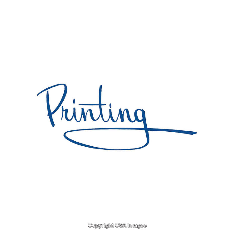 Blue Handwritten Script Text Displaying the Word Printing on White Background