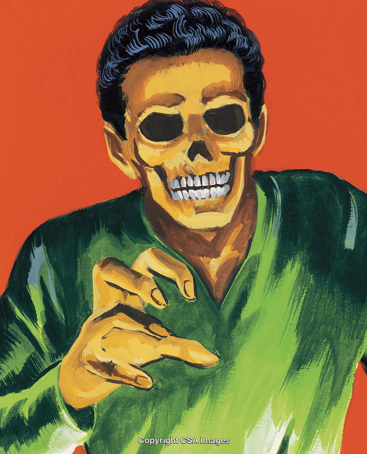 Illustration of a Skeleton-Faced Figure in Green Shirt on Red Background