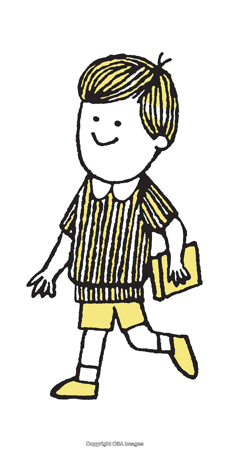 Cartoon Illustration of Child Holding Book and Walking Happily
