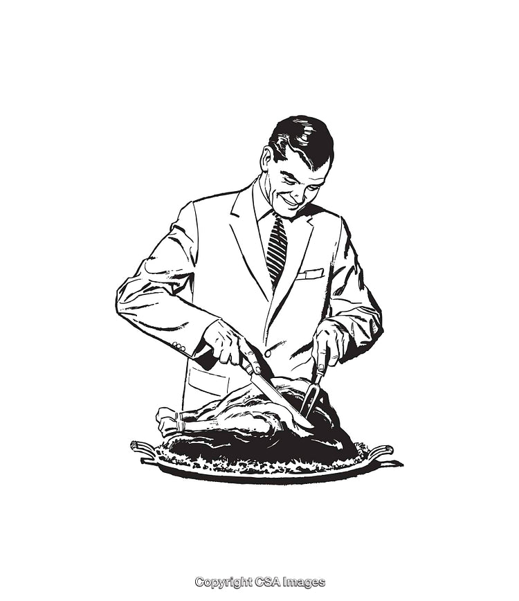 Man Elegantly Carving Turkey in Classic Black and White Line Art