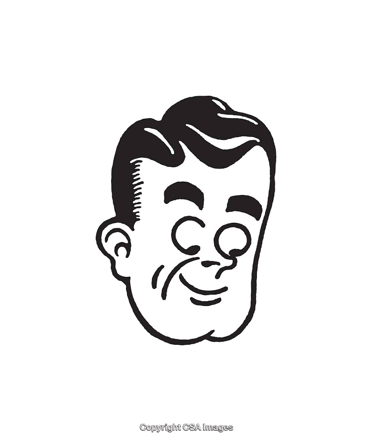 Vintage Black and White Line Art Illustration of a Smiling Man's Face