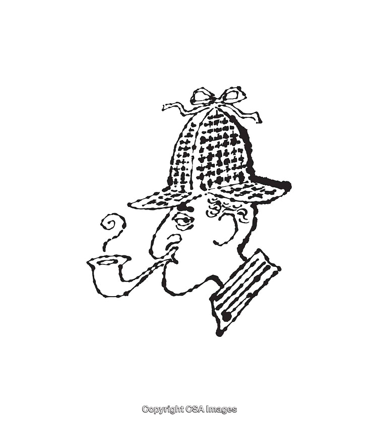 Black and White Line Art Illustration of a Detective with Pipe