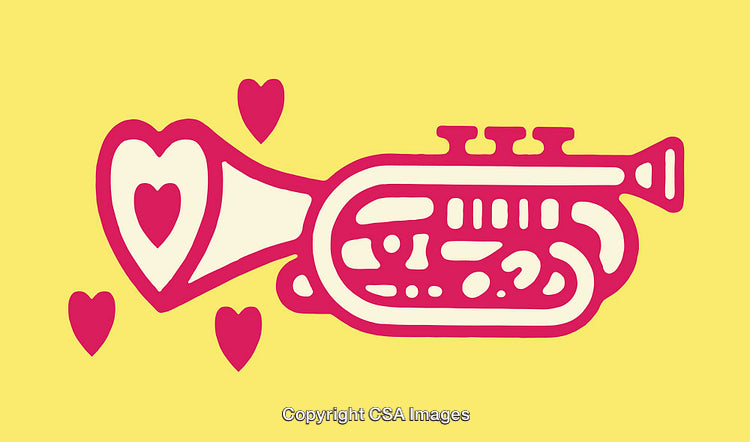 Playful Pink Trumpet Illustration on Bright Yellow Background with Heart Accents