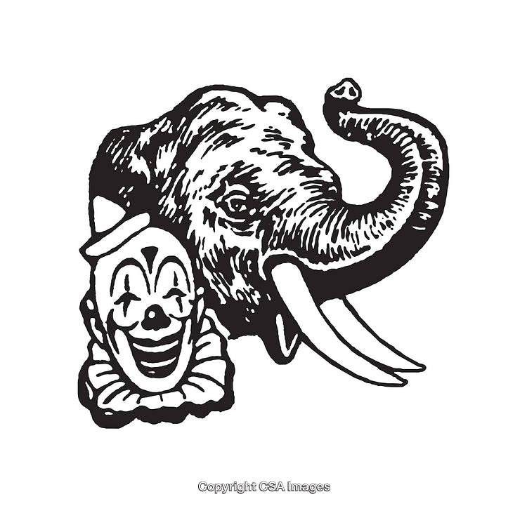 Black and White Illustration of Elephant and Clown Face Design
