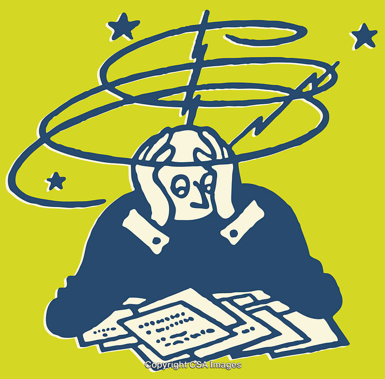 Cartoon Illustration of a Person Feeling Overwhelmed by Paperwork and Stress