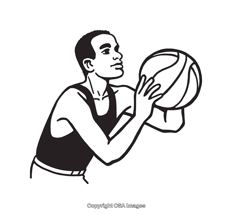 Black and White Illustration of a Basketball Player Aiming for a Shot