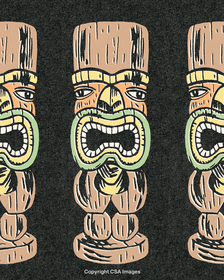Vibrant Pattern of Traditional Tiki Masks with Bold Colors and Textures