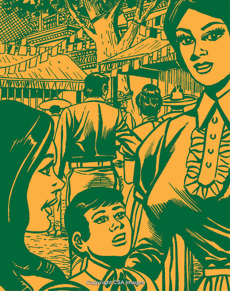 Vintage Illustration of Family at Outdoor Market Stall in Bold Green and Yellow
