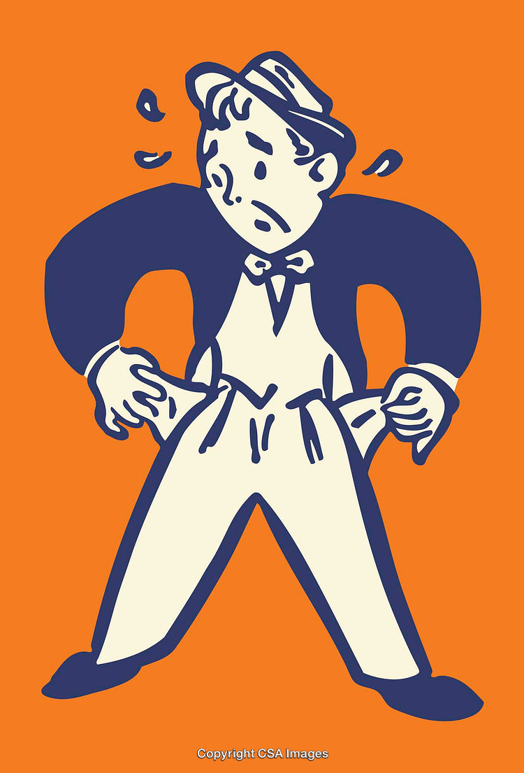 Illustration of Worried Man Checking Empty Pockets on Bright Orange Background