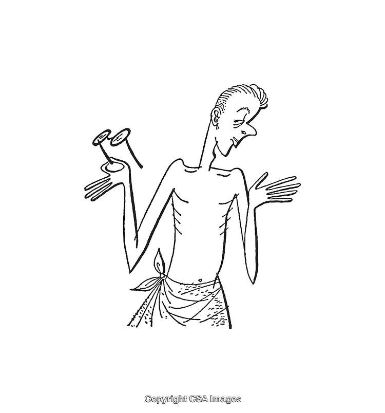 Black and White Illustration of a Curious Expressive Character Holding Binoculars