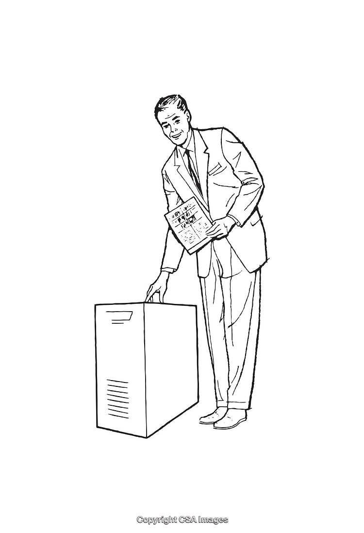 Illustration of a Businessman with Document and Equipment in Line Art Style