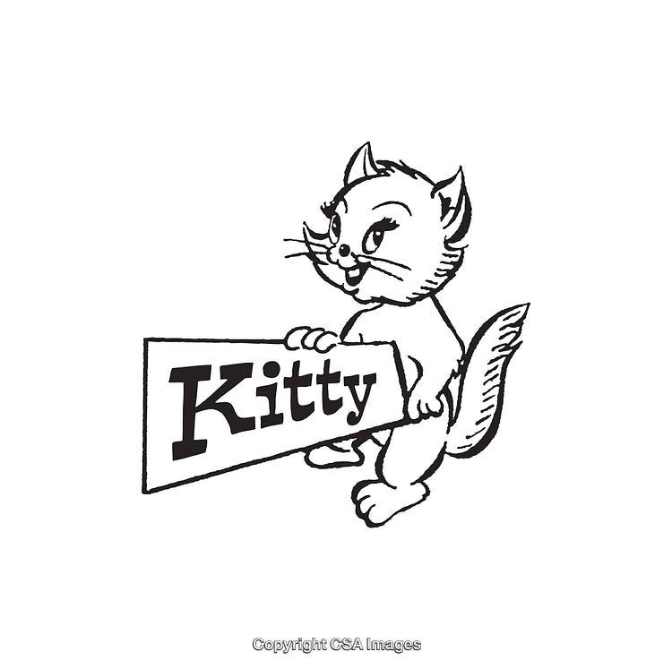 Black and White Illustration of a Cat Holding a Sign with Text