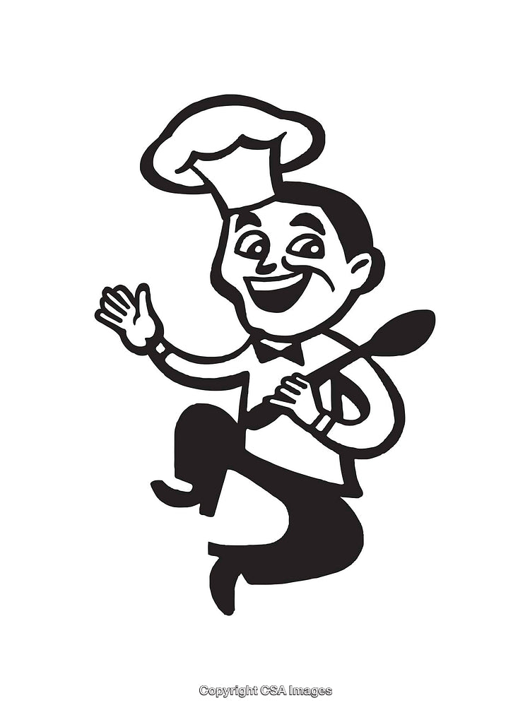 Cheerful Cartoon Chef Holding a Spoon in Black and White Line Art