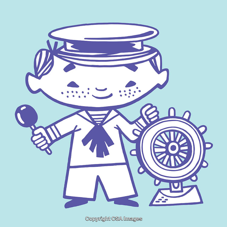 Cartoon Sailor Operating a Ship's Wheel in Line Art Style