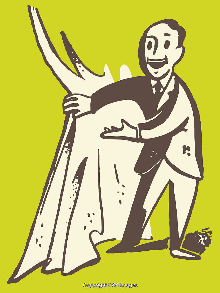 Vintage Line Art Illustration of a Man Presenting an Object