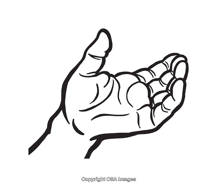 Black And White Line Art Illustration of an Open Palm Hand Desiring Assistance