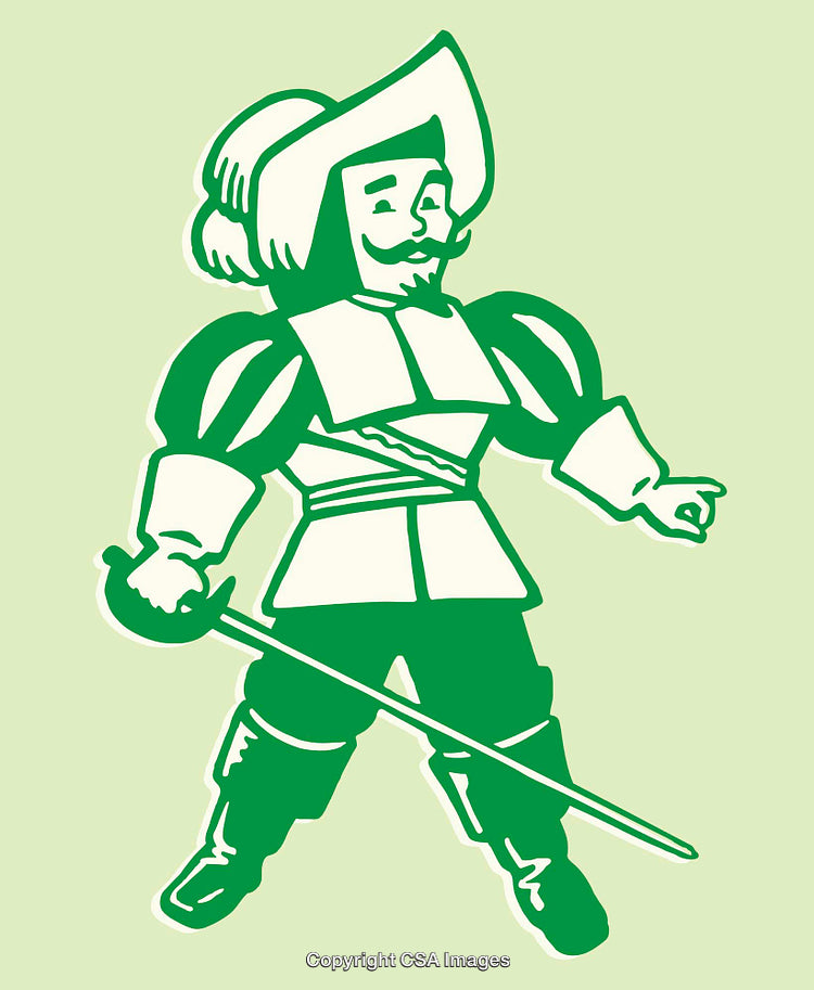Vintage Line Art of a Historical Man in Elaborate Clothing Holding a Sword