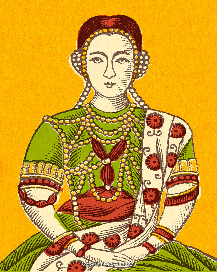 Traditional Folk Art Depicting a Woman in Cultural Dress on Yellow Background