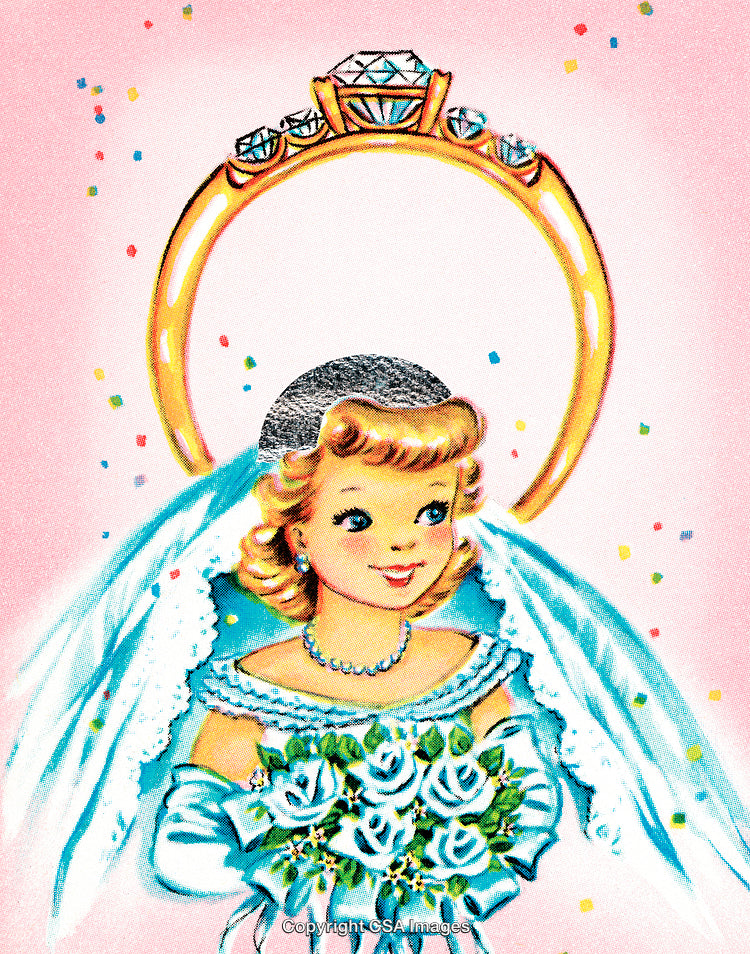 Vintage Illustration of a Bride Holding Bouquet with Radiant Wedding Elements