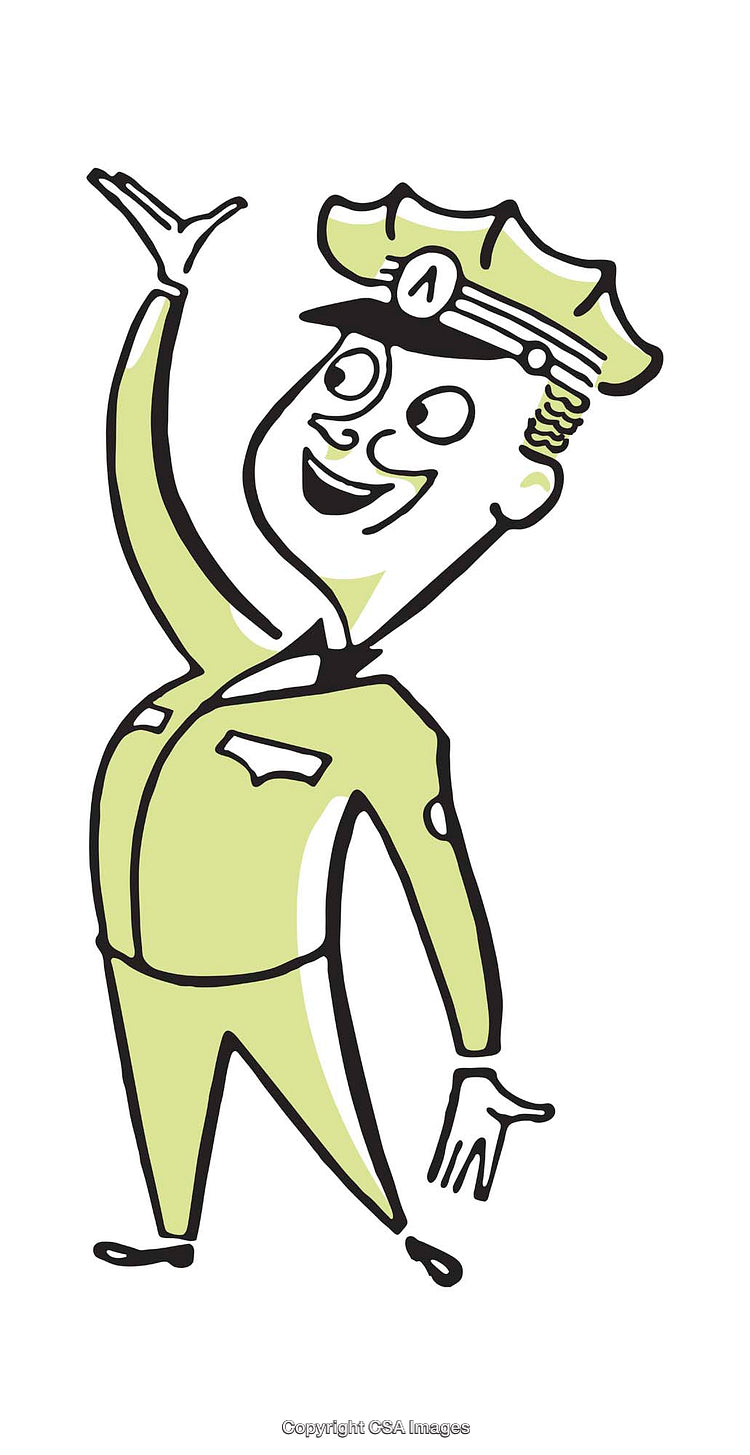 Cartoon Illustration of Friendly Character in Polished Uniform Waving Cheerfully