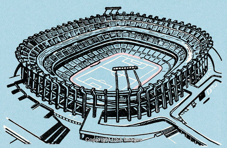 Illustrated Football Stadium Architecture with Empty Seats and Field