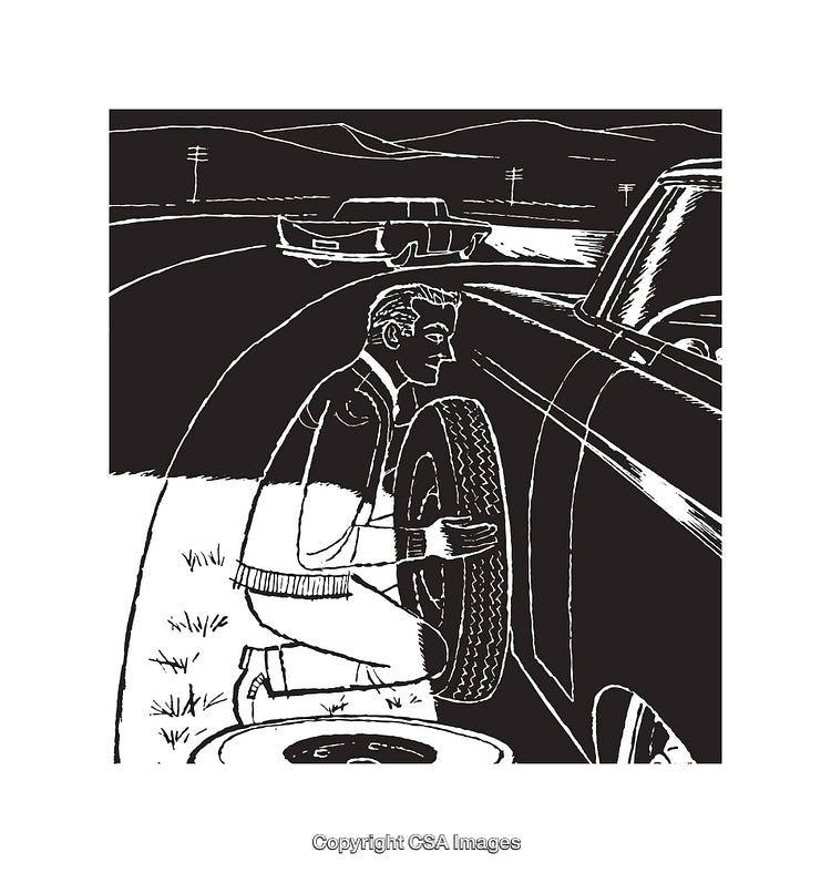 Man Changing Tire on Roadside in Black and White Line Art