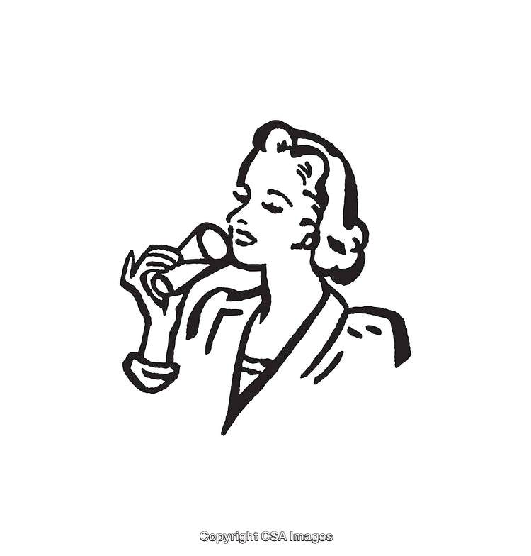 Vintage Woman Drinking Beverage Black And White Line Illustration
