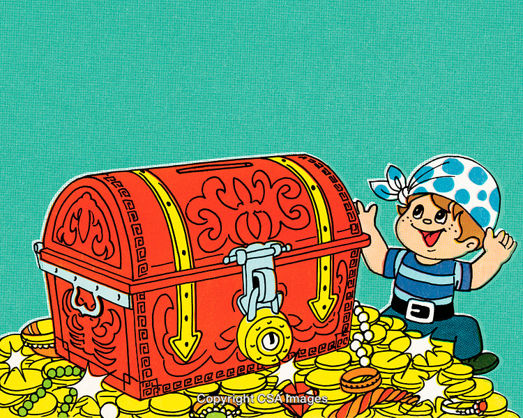 Cheerful Pirate Boy Discovering a Locked Treasure Chest Full of Gold Coins