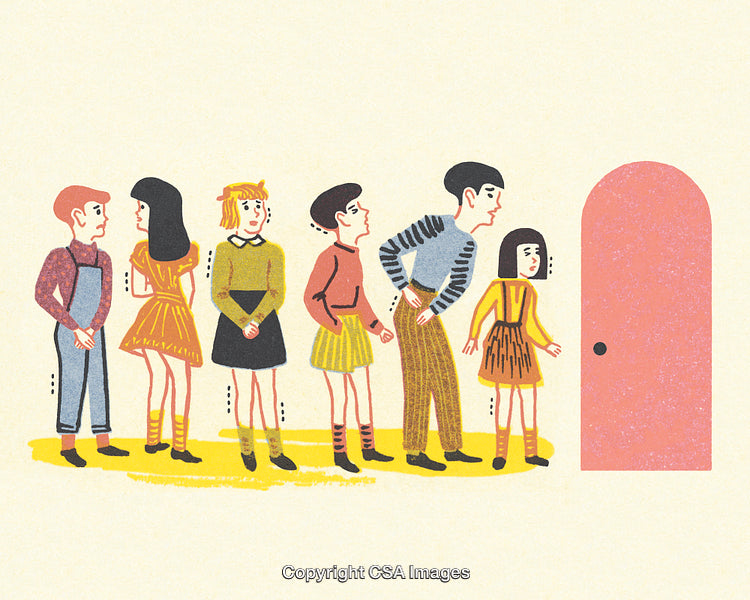 People Standing in Line Near a Door in Retro Illustration Style