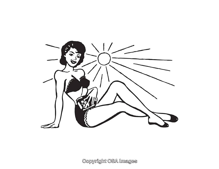 Retro Style Pin-Up Woman Relaxing in Sun-Themed Black and White Illustration