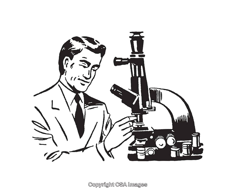 Retro Scientist Working with Microscope in Black and White Illustration