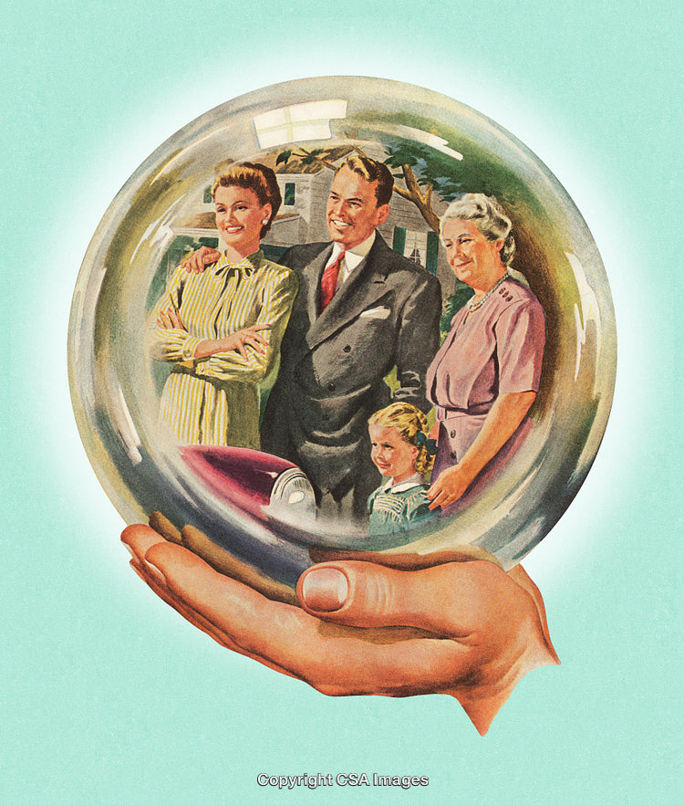 Vintage Illustration Depicting Family Inside a Protective Glass Sphere