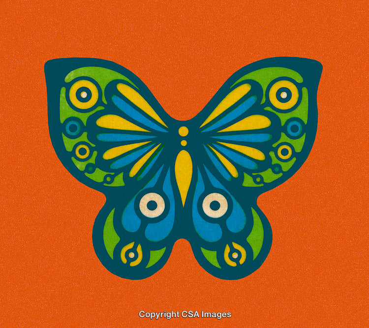 Vibrant Butterfly Art with Geometric Pattern and Bright Colors on Orange Background