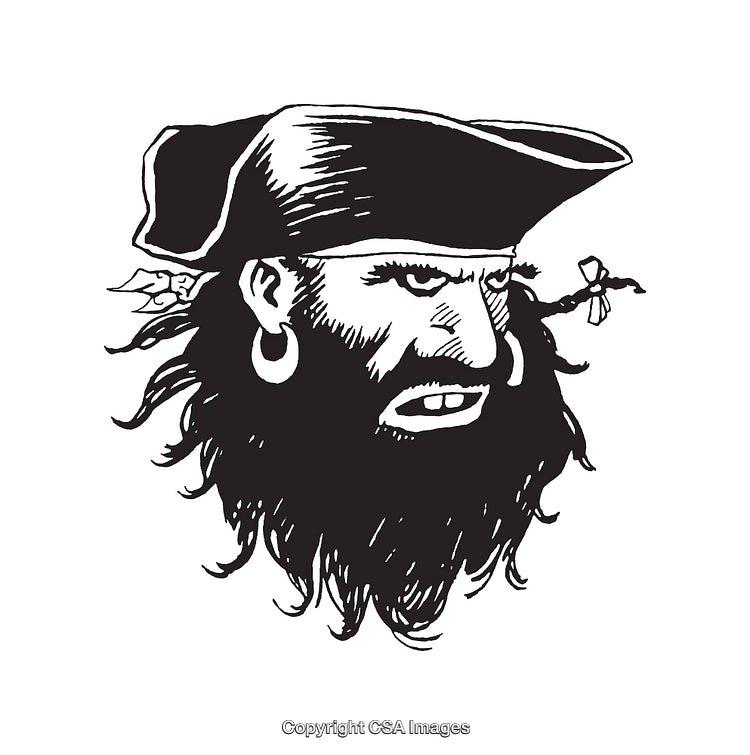 Detailed Black and White Illustration of a Fierce Pirate's Head