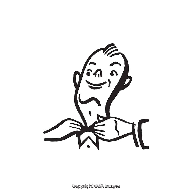 Black and White Line Art Character Adjusting Bow Tie with Confident Smirk