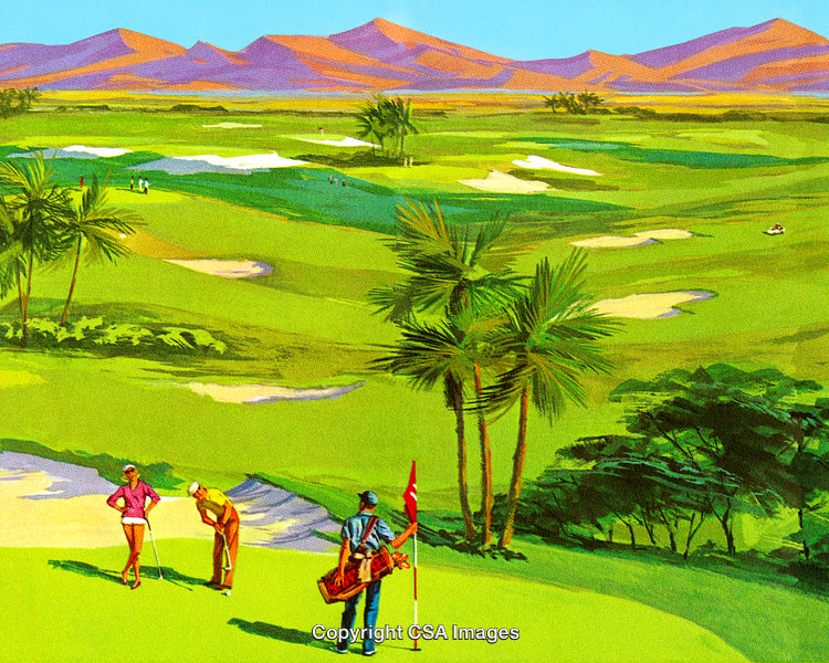 Golfers Enjoying a Scenic View on a Bright Green Course