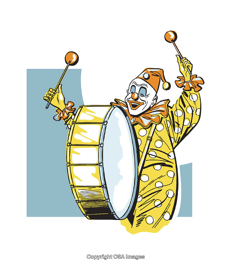 Illustrated Clown Playing a Drum With Cheerful Expression and Vibrant Outfit