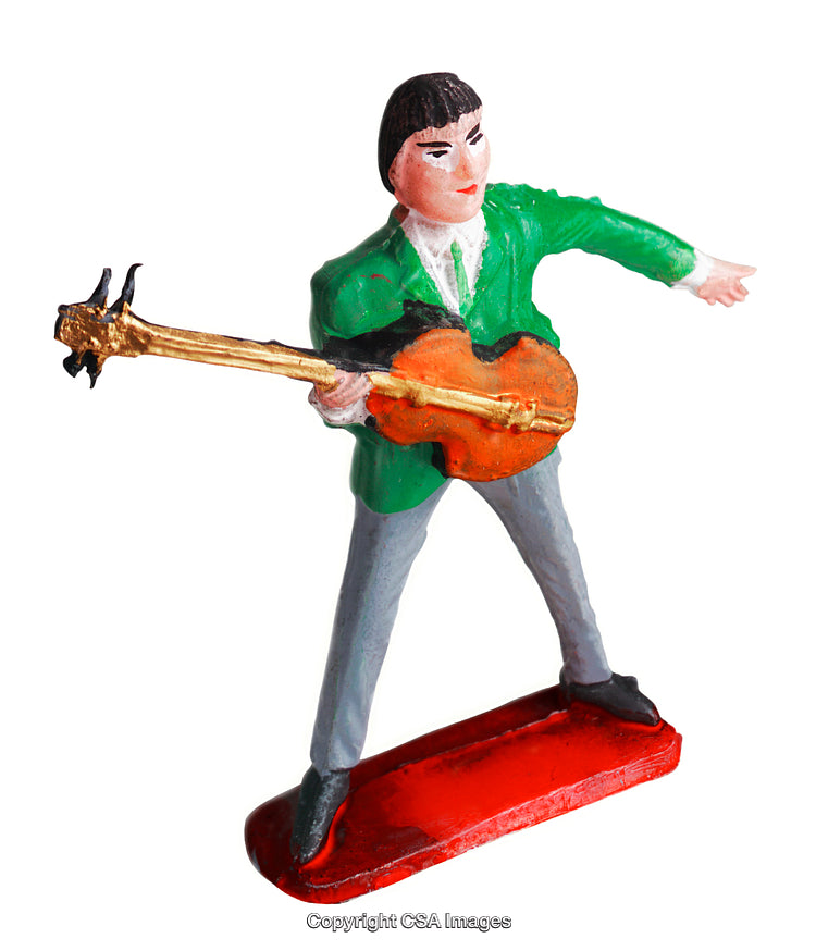 Colorful Painted Figurine of Musician Holding a Bass Guitar on White Background