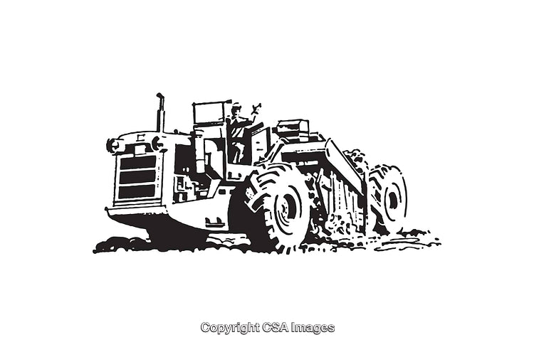 Black and White Illustration of Heavy Machinery Operating in a Construction Site