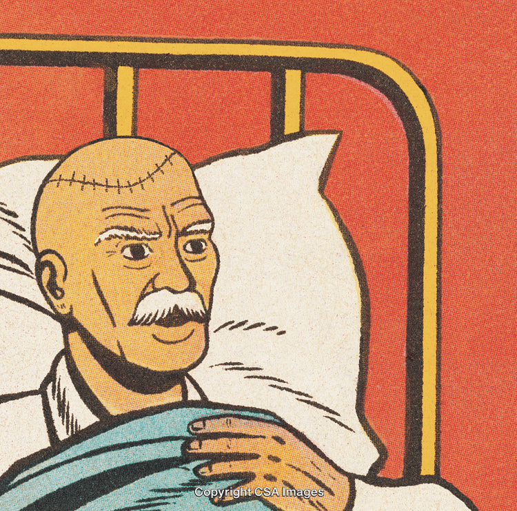 Illustrated Senior Man in Bed with a Thoughtful Expression
