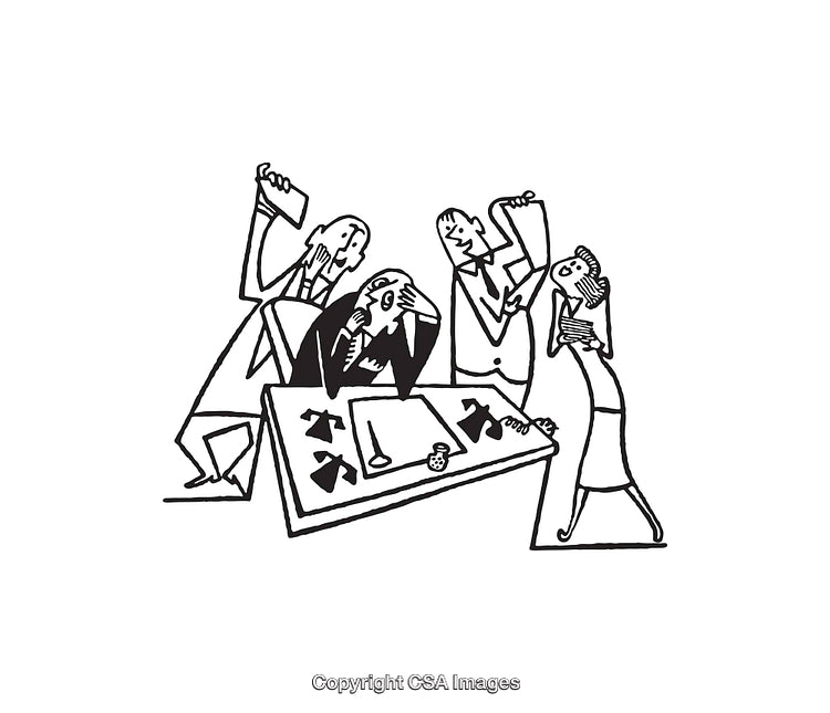 Abstract Black and White Illustration of Emotional Figures at a Table