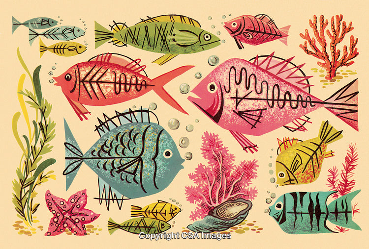 Colorful Abstract Illustration of Marine Life with Fish and Coral Details