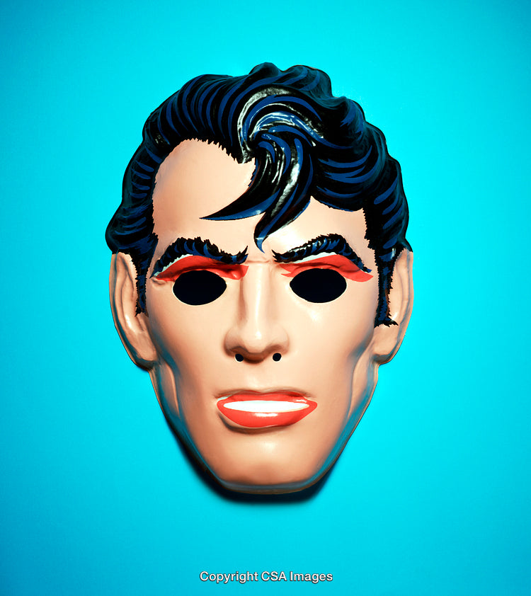Vivid Blue Background Mask with Retro-Styled Plastic Face Design