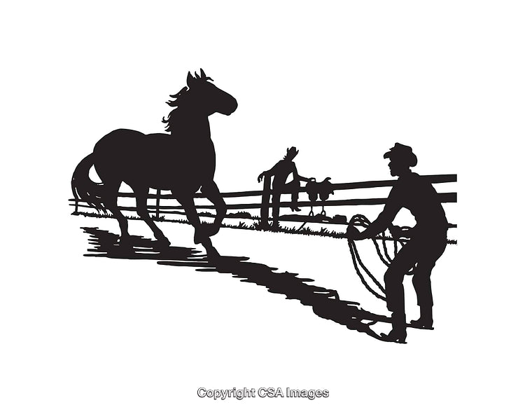Rodeo Scene with Cowboy Lassoing a Horse in Black and White Silhouette