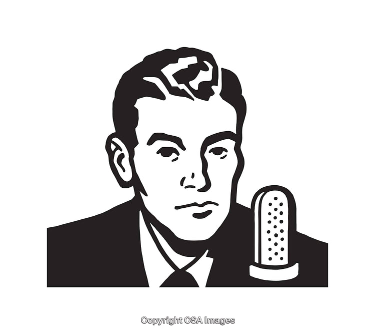 Retro Black and White Illustration of Man Speaking into a Microphone