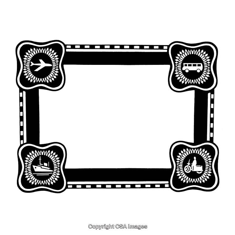 Black and White Decorative Frame Featuring Various Transportation Icons