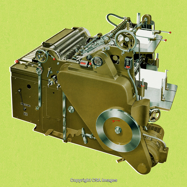 Vintage Printing Press Equipment with Green Background in Stylized Artwork