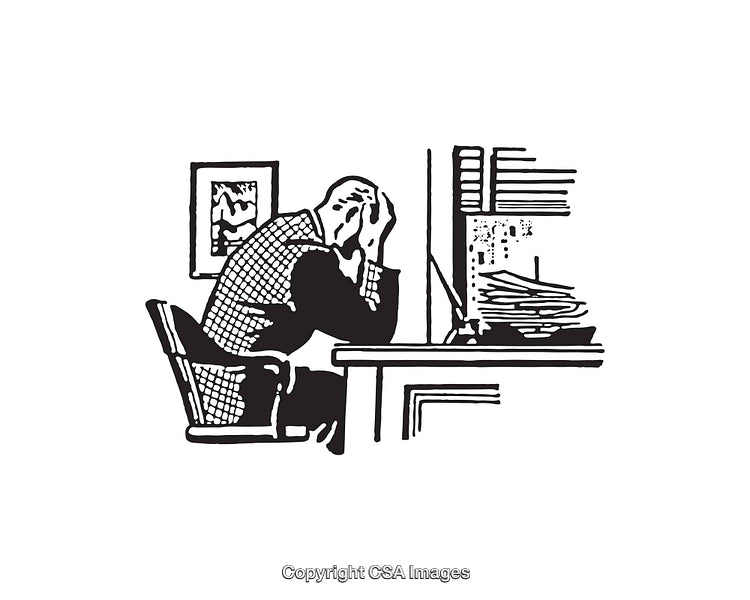 Black And White Illustration of a Frustrated Office Worker at Desk