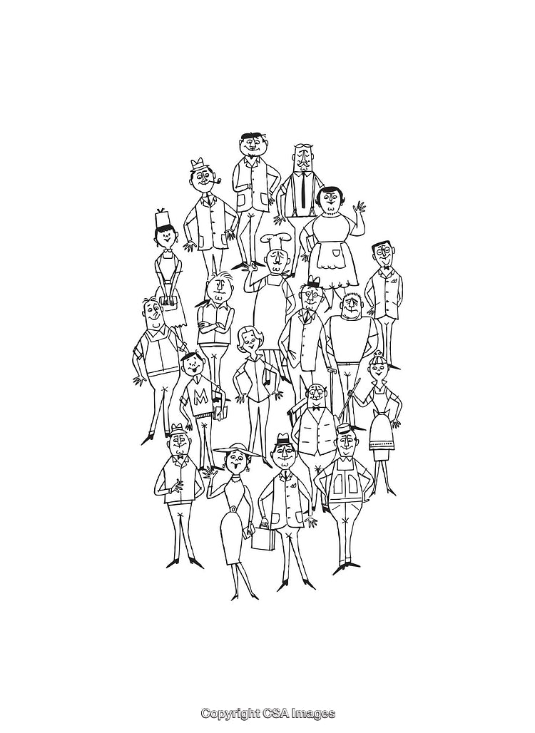 Black and White Line Art Illustration of Diverse Group of Cartoon Characters